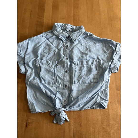 Love Tree Tops - Love Tree Cute Tie Front CROP Top Shirt Short‎ Sleeve Button Front Blue Medium